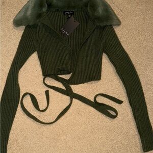 Emory Park Olive Ribbed Cardigan with Faux Fur Collar